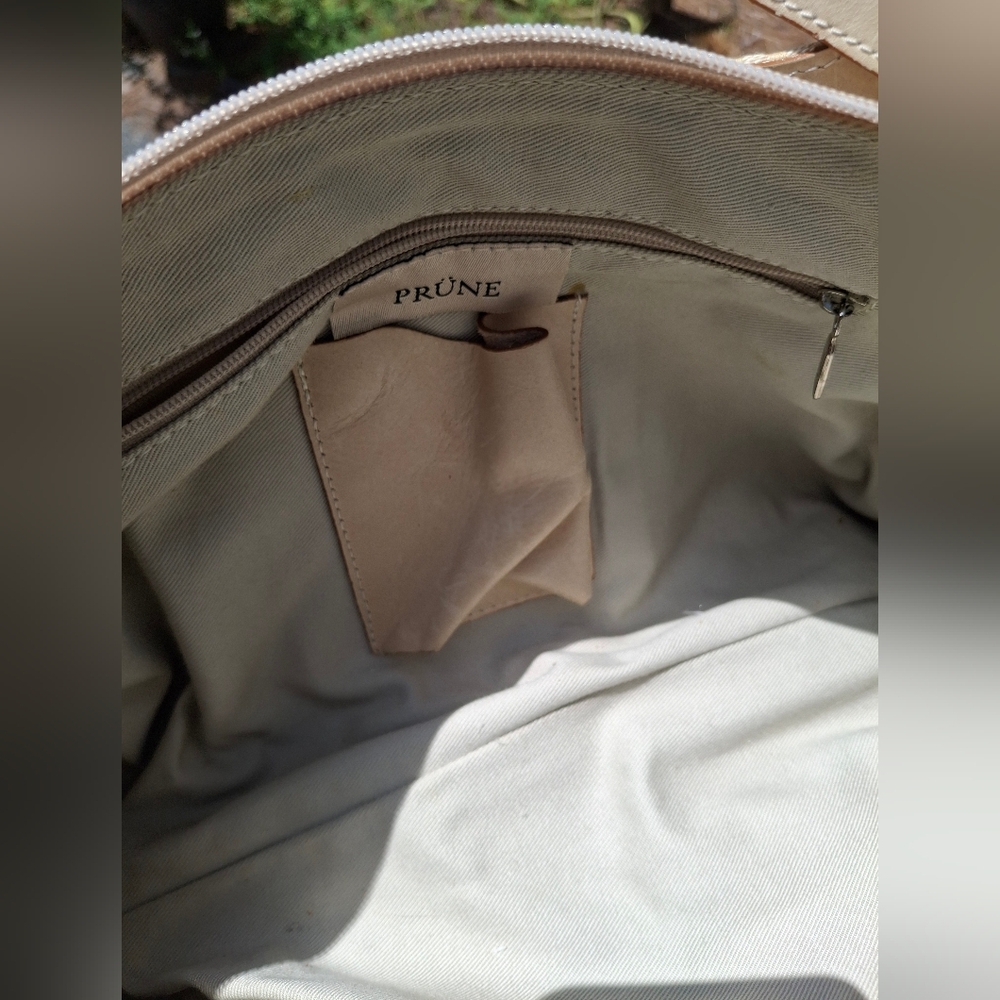 Prune Logo Print Soft Cream/Tan Canvas & Tan Leather Trim Shoulder Bag - Picture 13 of 15